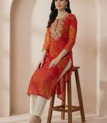 Red women leheriya printed mirror work georgette kurta