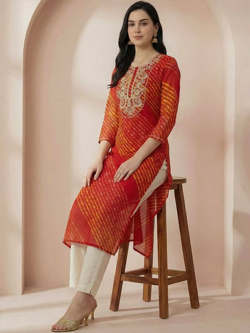Red women leheriya printed mirror work georgette kurta