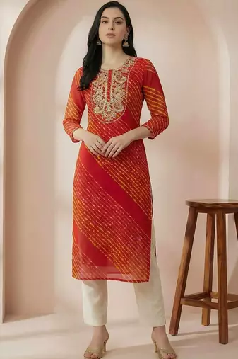 Red women leheriya printed mirror work georgette kurta