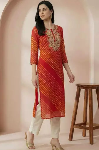 Red women leheriya printed mirror work georgette kurta