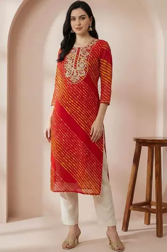 Red women leheriya printed mirror work georgette kurta