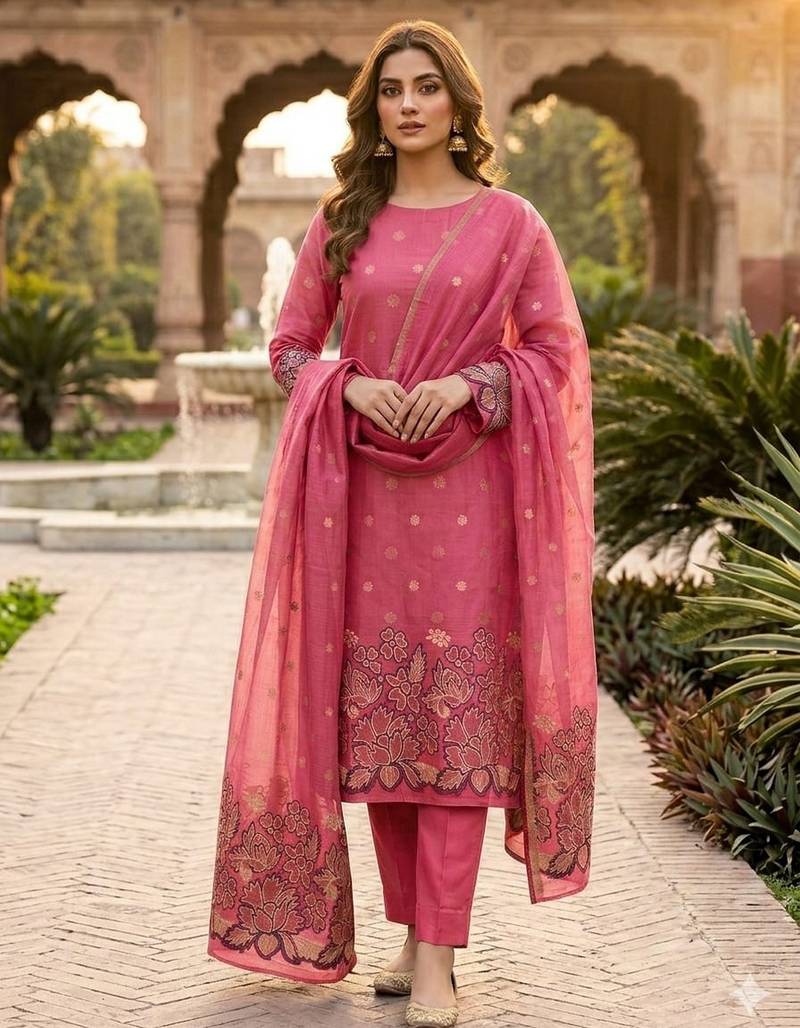 Pink color jacquard silk salwar kameez for ethnic festive looks