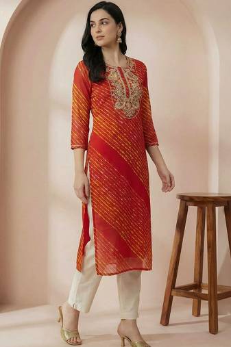 Red women leheriya printed mirror work georgette kurta