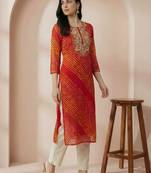 Red women leheriya printed mirror work georgette kurta