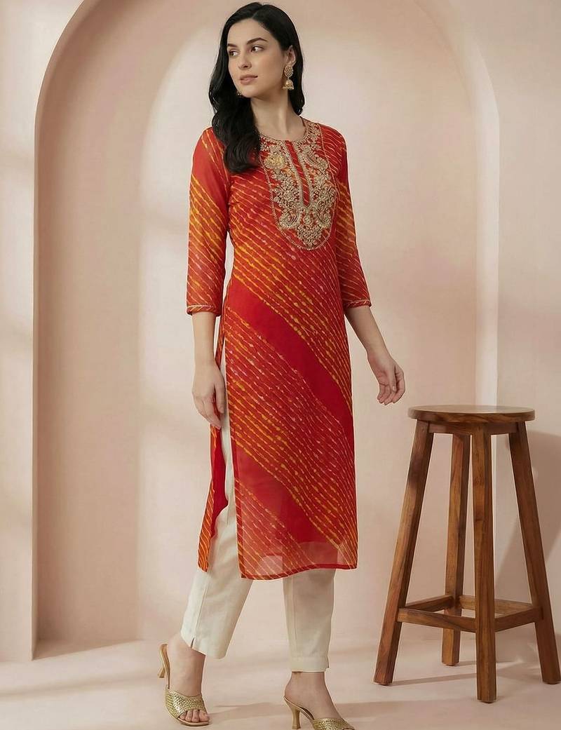 Red women leheriya printed mirror work georgette kurta