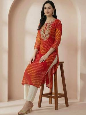 Red women leheriya printed mirror work georgette kurta 2
