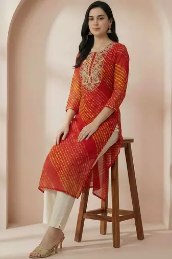 Red women leheriya printed mirror work georgette kurta