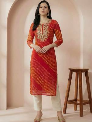 Red women leheriya printed mirror work georgette kurta 3