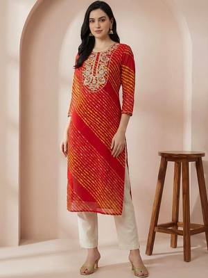 Red women leheriya printed mirror work georgette kurta 4