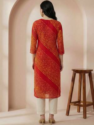 Red women leheriya printed mirror work georgette kurta 5
