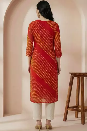 Red women leheriya printed mirror work georgette kurta