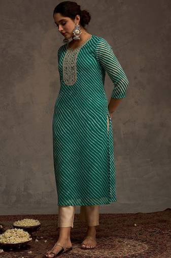 Sea green women leheriya printed sequinned georgette kurta