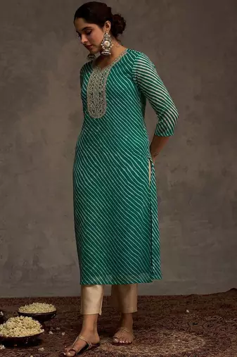 Sea green women leheriya printed sequinned georgette kurta