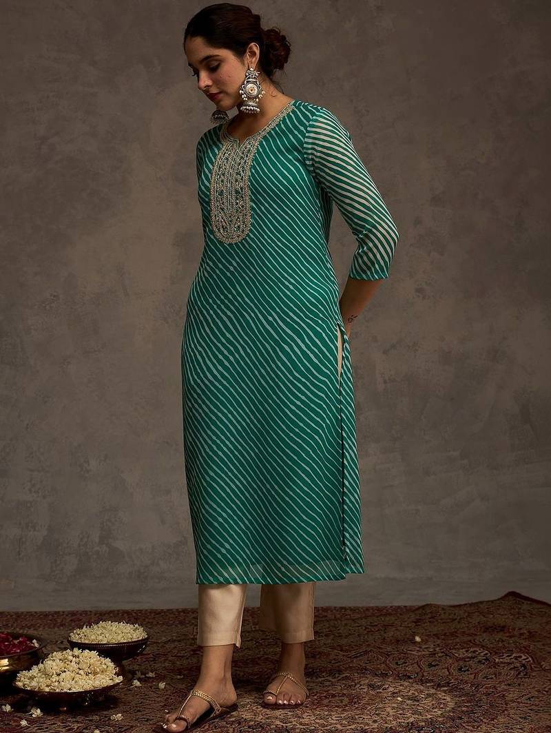 Sea green women leheriya printed sequinned georgette kurta