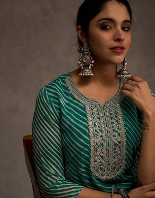 Sea green women leheriya printed sequinned georgette kurta 2