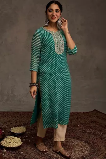 Sea green women leheriya printed sequinned georgette kurta