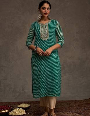 Sea green women leheriya printed sequinned georgette kurta 4