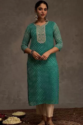 Sea green women leheriya printed sequinned georgette kurta