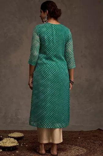 Sea green women leheriya printed sequinned georgette kurta