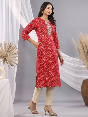 Red women leheriya printed mirror work kurta 1