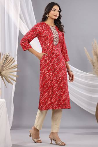 Red women leheriya printed mirror work kurta