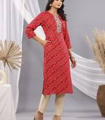 Red women leheriya printed mirror work kurta