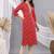 Red women leheriya printed mirror work kurta