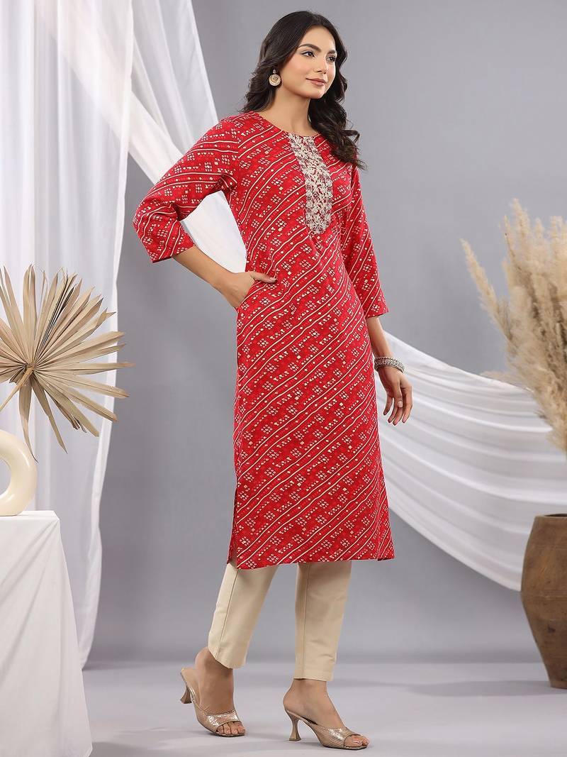 Red women leheriya printed mirror work kurta