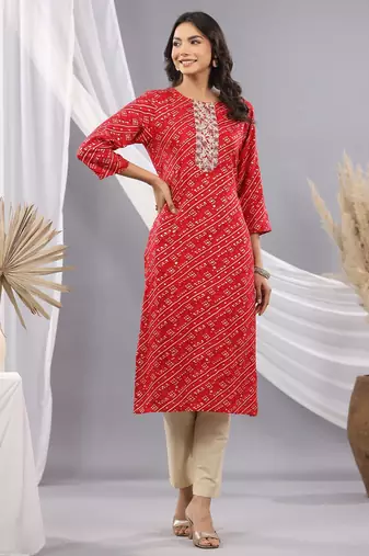 Red women leheriya printed mirror work kurta