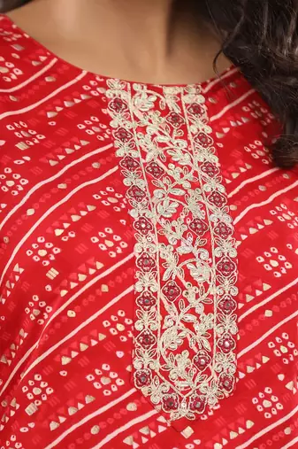 Red women leheriya printed mirror work kurta