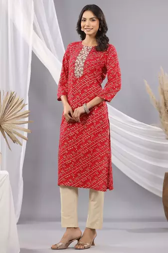 Red women leheriya printed mirror work kurta