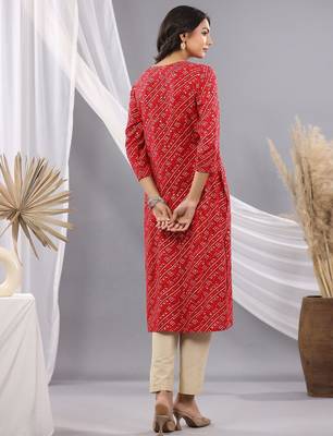Red women leheriya printed mirror work kurta 5