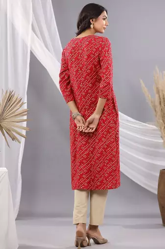 Red women leheriya printed mirror work kurta