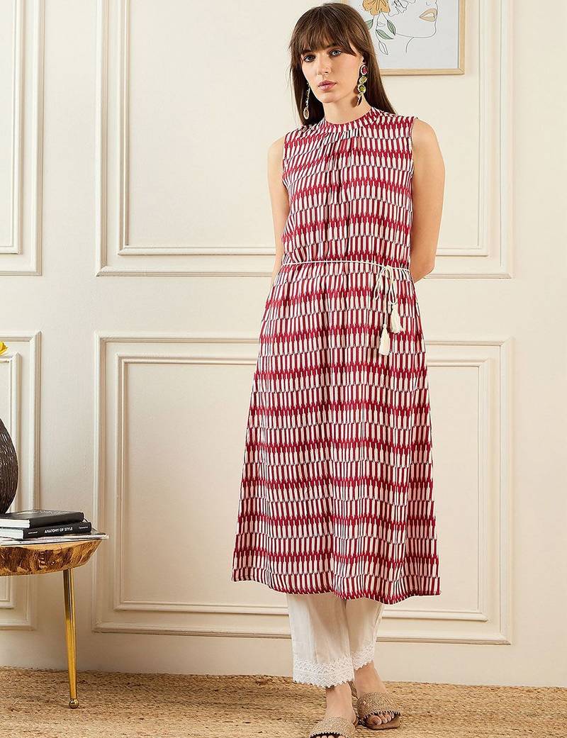 Red geometric printed  a-line kurta