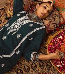 Teal ethnic motifs embroidered notch neck thread work straight kurta