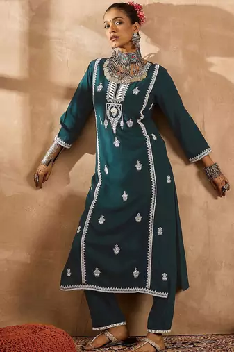 Teal ethnic motifs embroidered notch neck thread work straight kurta