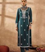 Teal ethnic motifs embroidered notch neck thread work straight kurta