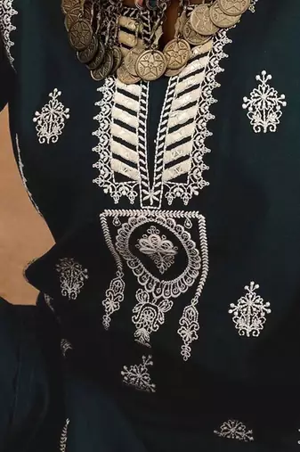 Teal ethnic motifs embroidered notch neck thread work straight kurta