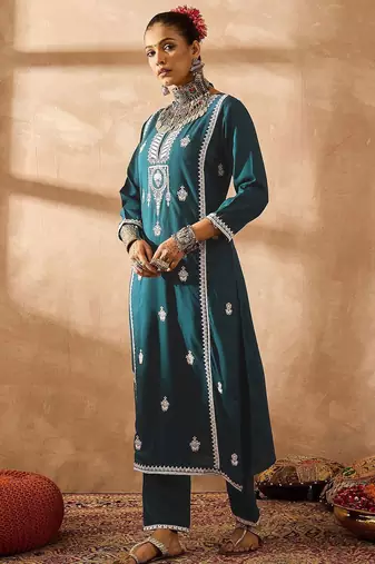 Teal ethnic motifs embroidered notch neck thread work straight kurta