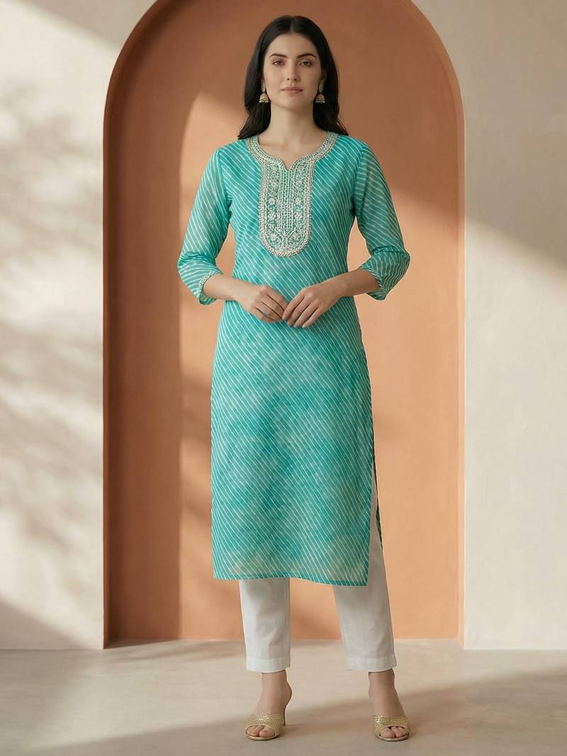 Sea green women leheriya printed sequinned georgette kurta