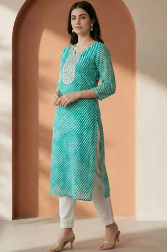 Sea green women leheriya printed sequinned georgette kurta