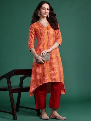 Orange women leheriya printed cotton kurta 1