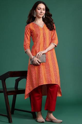 Orange women leheriya printed pure cotton kurta