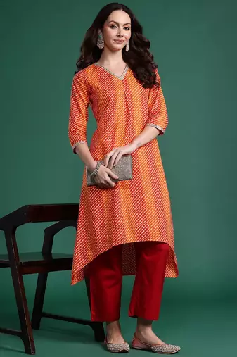 Orange women leheriya printed pure cotton kurta