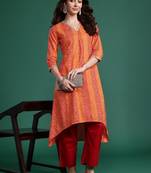 Orange women leheriya printed pure cotton kurta