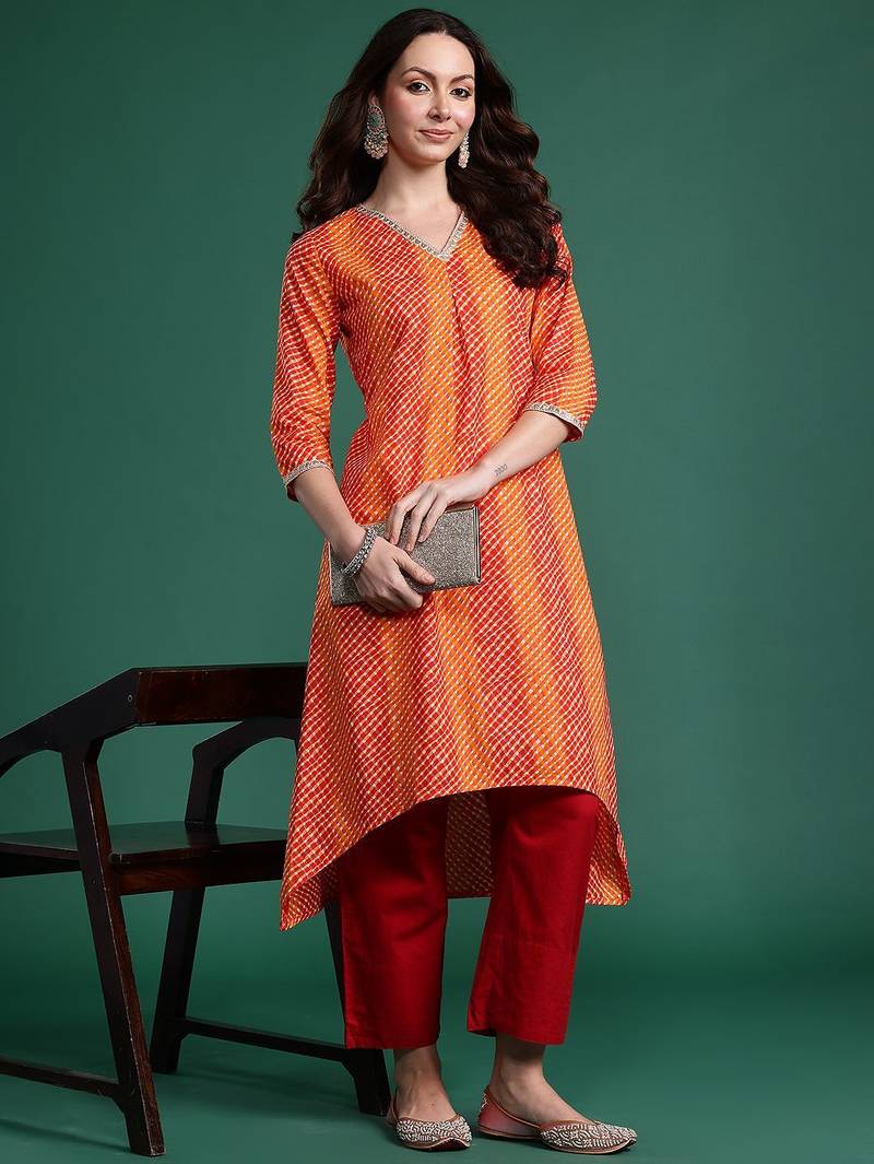 Orange women leheriya printed pure cotton kurta