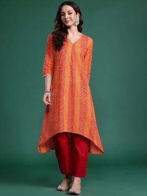 Orange women leheriya printed cotton kurta 3