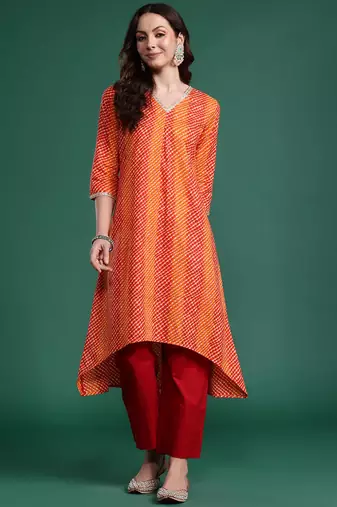 Orange women leheriya printed pure cotton kurta