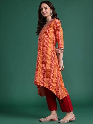 Orange women leheriya printed cotton kurta 4