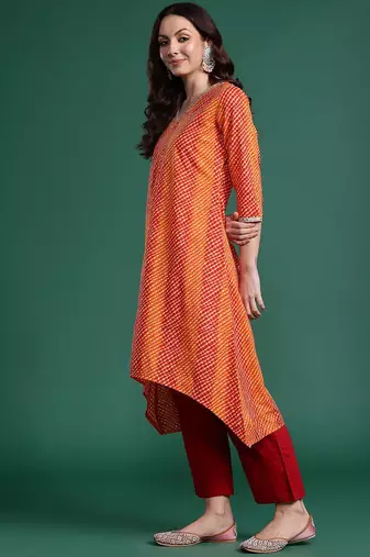 Orange women leheriya printed pure cotton kurta